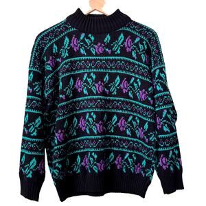 Vintage 80s Sweater Women's L Mock Neck Fair Isle Floral Sparkle Made in USA